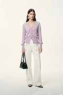 Taro V Neck 3D Crochet Waist Cinching Cardigan in Merino Wool Alpaca Blend Knit
