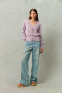 Taro V Neck 3D Crochet Waist Cinching Cardigan in Merino Wool Alpaca Blend Knit