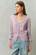 Taro V Neck 3D Crochet Waist Cinching Cardigan in Merino Wool Alpaca Blend Knit
