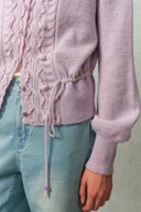 Taro V Neck 3D Crochet Waist Cinching Cardigan in Merino Wool Alpaca Blend Knit