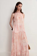 Vale Halter Hand Painted Flora Print Halter Dress in Crinkled Rayon