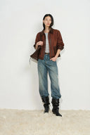 Verdi Curved Hem Loose Suit Blazer in Faux Suede