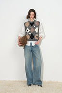 Veronica Hand Embroidery Contrast Argyle Vest in Wool Blend