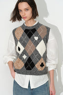 Veronica Hand Embroidery Contrast Argyle Vest in Wool Blend