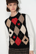 Veronica Hand Embroidery Contrast Argyle Vest in Wool Blend