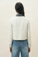Back view of a women's cropped wool tweed jacket with a subtle shimmer check