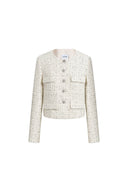 Cropped ivory wool tweed jacket with metallic check, round neck, button front and welt pockets