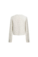 Cropped wool tweed jacket with a faint metallic check and long sleeves, back view