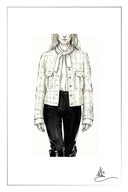 Fashion illustration of a cropped wool tweed jacket with a subtle shimmer check and patch pockets