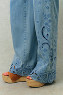 Vinetta Floral Embroidered Cut Out Jeans in Cotton-Linen Denim