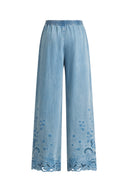 Vinetta Floral Embroidered Cut Out Jeans in Cotton-Linen Denim