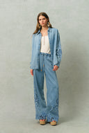 Vinetta Floral Embroidered Cut Out Jeans in Cotton-Linen Denim