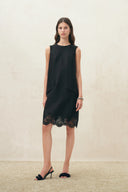 Violet Embroidery Embellished Dress in Silk-Wool Satin