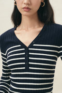 Navy and cream striped ribbed henley knit top with long sleeves