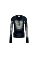 Navy blue striped ribbed knit top with long sleeves and V neck