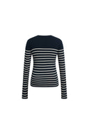Navy blue and cream striped ribbed knit top with long sleeves and a round neckline