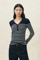 Navy striped henley knit top with long sleeves and ribbed texture