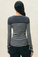 Back view of a gray striped ribbed knit top with long sleeves and a flattering fitted silhouette
