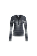 Gray striped ribbed Henley knit top with long sleeves