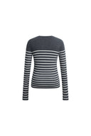 Gray and white striped ribbed wool blend knit top with long sleeves