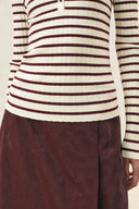 Burgundy and cream striped ribbed henley knit top with long sleeves