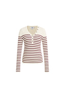 Cream and red striped henley knit top with long sleeves