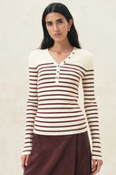 Womens red striped ribbed knit Henley top with long sleeves