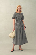 Vivinea Gingham Smocked Puff Sleeve Dress in Cotton