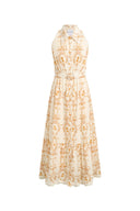 Wendy Floral Embroidery Belted Sleeveless Dress in Linen Blend
