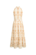 Wendy Floral Embroidery Belted Sleeveless Dress in Linen Blend