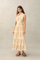 Wendy Floral Embroidery Belted Sleeveless Dress in Linen Blend