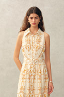 Wendy Floral Embroidery Belted Sleeveless Dress in Linen Blend
