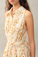 Wendy Floral Embroidery Belted Sleeveless Dress in Linen Blend