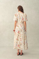Willa Floral Print V Neck Puff Sleeve Dress in Silk Linen Organza