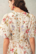 Willa Floral Print V Neck Puff Sleeve Dress in Silk Linen Organza