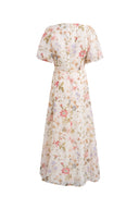 Willa Floral Print V Neck Puff Sleeve Dress in Silk Linen Organza