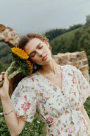 Willa Floral Print V Neck Puff Sleeve Dress in Silk Linen Organza