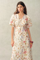 Willa Floral Print V Neck Puff Sleeve Dress in Silk Linen Organza