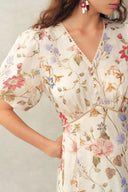 Willa Floral Print V Neck Puff Sleeve Dress in Silk Linen Organza