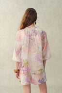 Yori Handpainted Floral Print Sheer Beaded Puff Sleeve Blouse in Silk Linen Blend