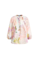 Yori Handpainted Floral Print Sheer Beaded Puff Sleeve Blouse in Silk Linen Blend