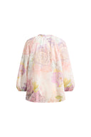 Yori Handpainted Floral Print Sheer Beaded Puff Sleeve Blouse in Silk Linen Blend