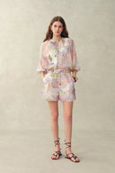 Yori Handpainted Floral Print Sheer Beaded Puff Sleeve Blouse in Silk Linen Blend