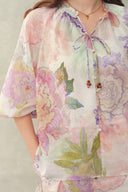 Yori Handpainted Floral Print Sheer Beaded Puff Sleeve Blouse in Silk Linen Blend