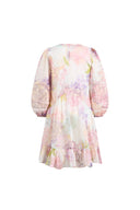 Yori Handpainted Wavy Ruffle Babydoll Dress in Silk Linen Blend