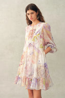 Yori Handpainted Wavy Ruffle Babydoll Dress in Silk Linen Blend