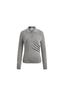 Gray women's long sleeve polo top in wool blend knit with a cinched waist and soft pleat detailing