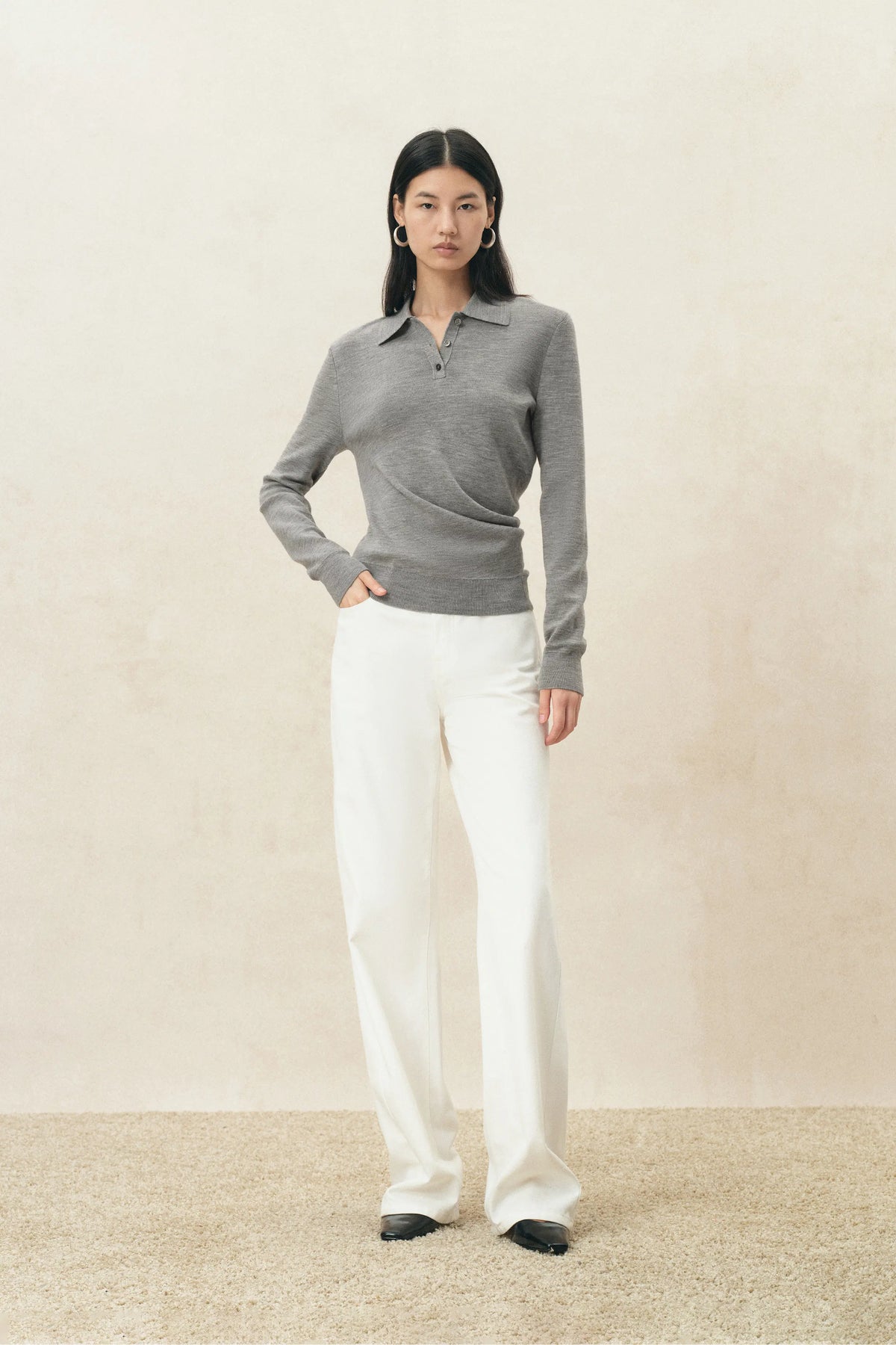 Zoe Cinched Waist Polo Top in Wool Blend Knit – fbrq.com