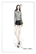 Grey cinched waist polo knit top with long sleeves shown in a fashion illustration